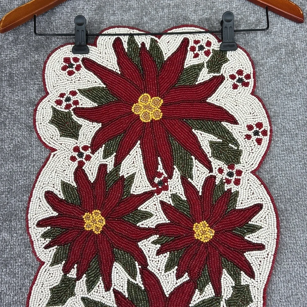 Vintage Beaded Table Runner Christmas Winter Holiday Poinsettia Flower Decor Red